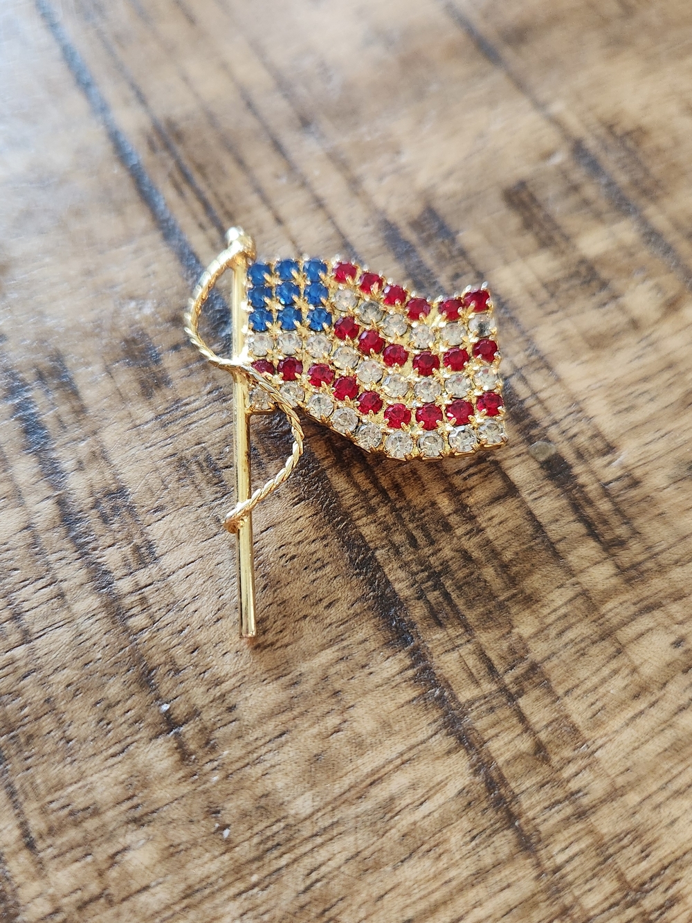 Princess House Gold-Tone American Flag Brooch with Red, Blue & Clear Stones